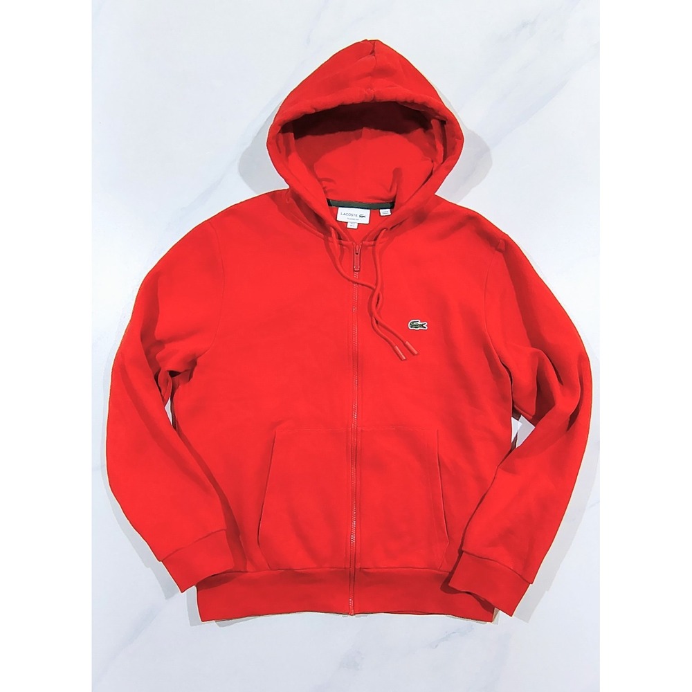 Lacoste Sport Hoodie Mens Large Red Full Zip Cotton Blend Fleece Sweatshirt Logo - Picture 1 of 15
